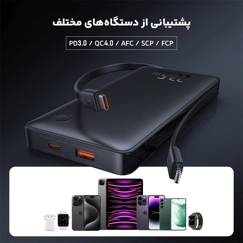پشتیبانی پاوربانک بیسوس Airpow Lite 10000mAh 22.5W مدل PPAP2-10A از پروتکل‌های مختلف شارژ سریع، نظیر QC, PD, SCP, FCP و AFC 